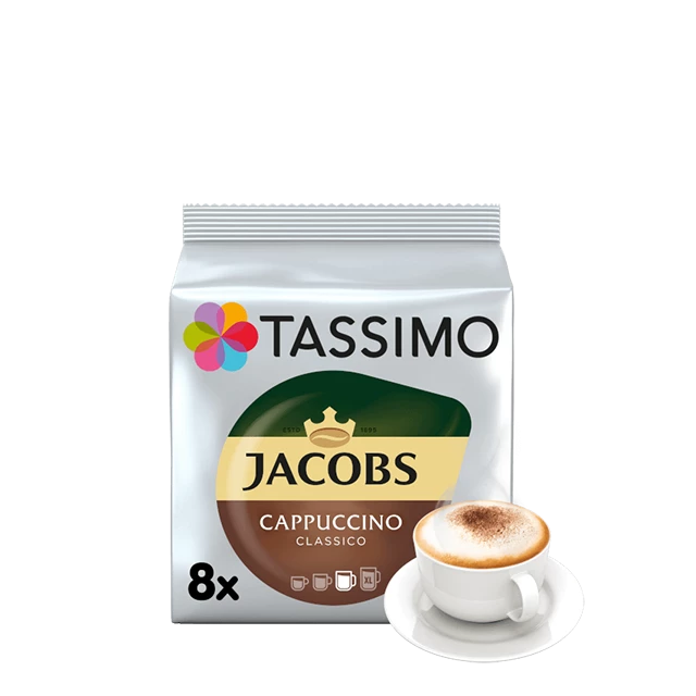Capsule cafea, Jacobs Tassimo Cappuccino, 8 bauturi x 190 ml, 8 capsule  specialitate cafea + 8 capsule lapte 